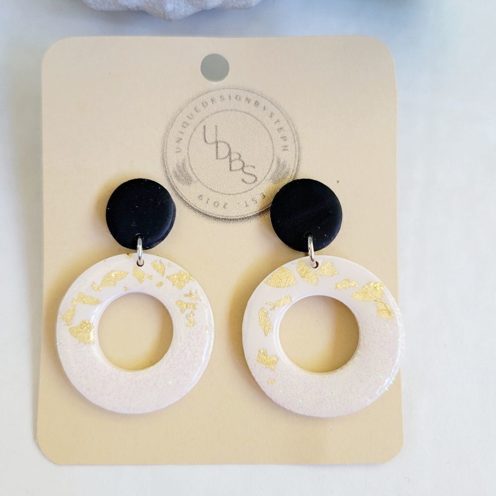 Clay earrings, beige gold flake and glitter dangle earrings, high gloss shine